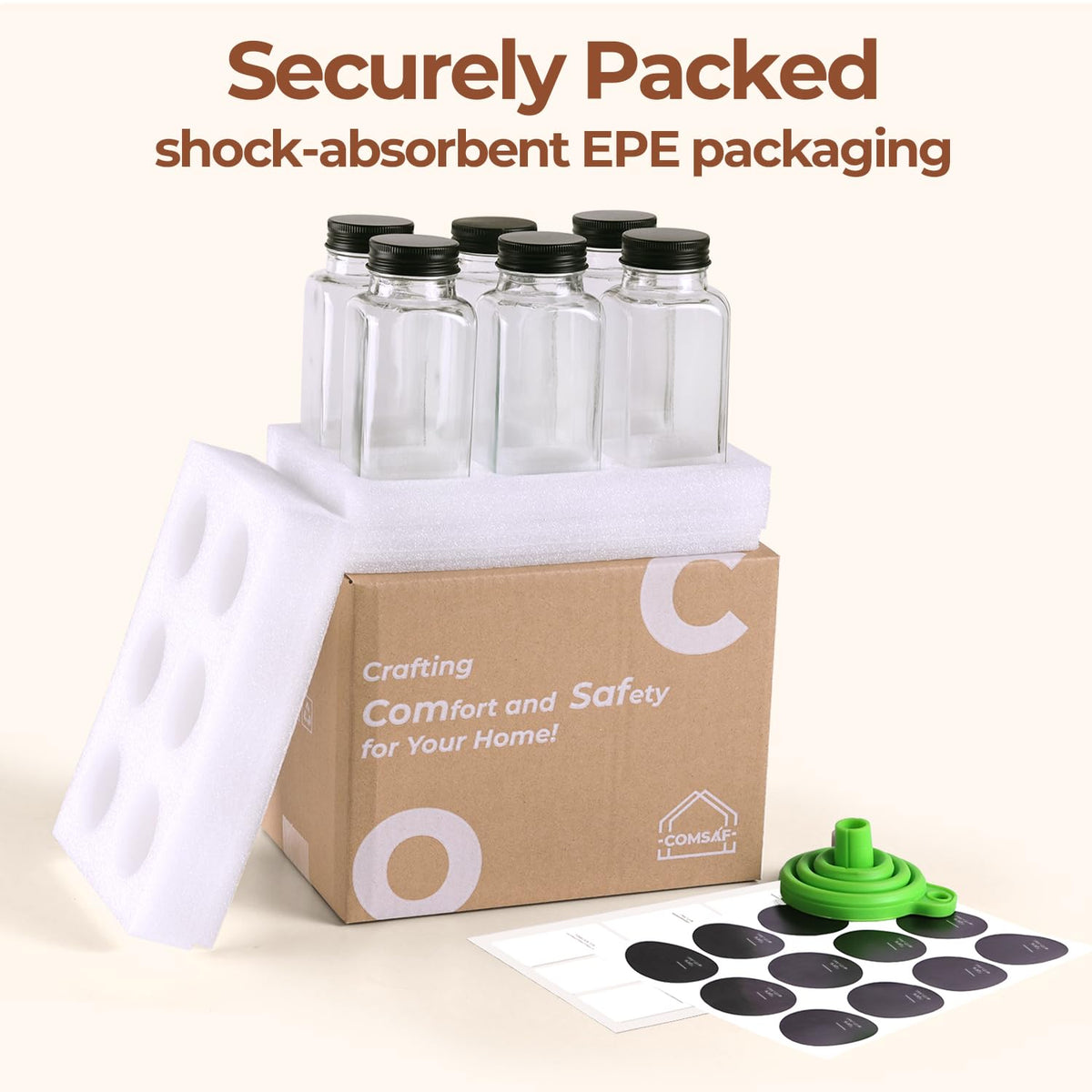 ComSaf 8 oz square spice bottles optimize pantry layout.