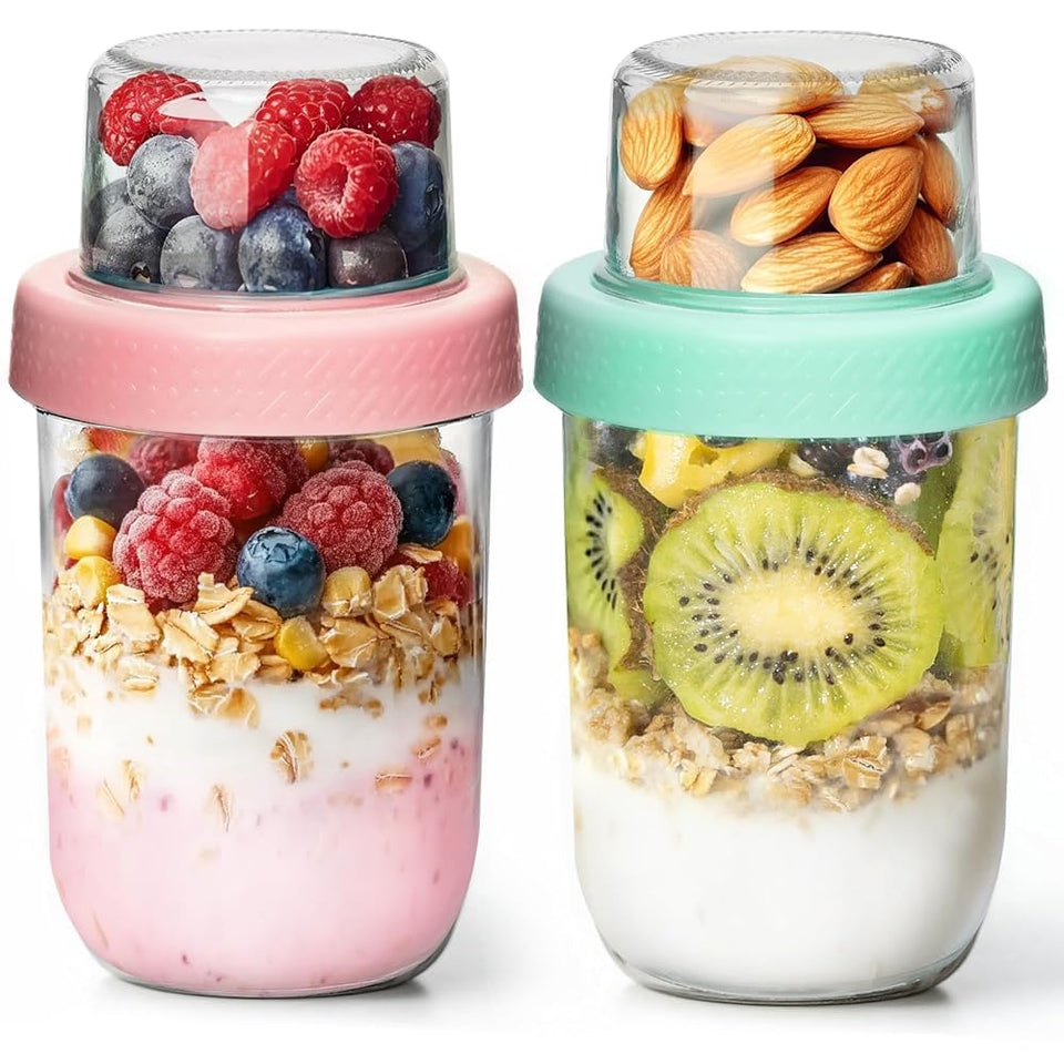 ComSaf dual-layer overnight oats jar shows top compartment for mix-ins and toppings