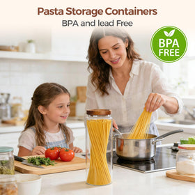 ComSaf 1.7Qt glass jar with acacia lid neatly stores spaghetti in a tall pantry.