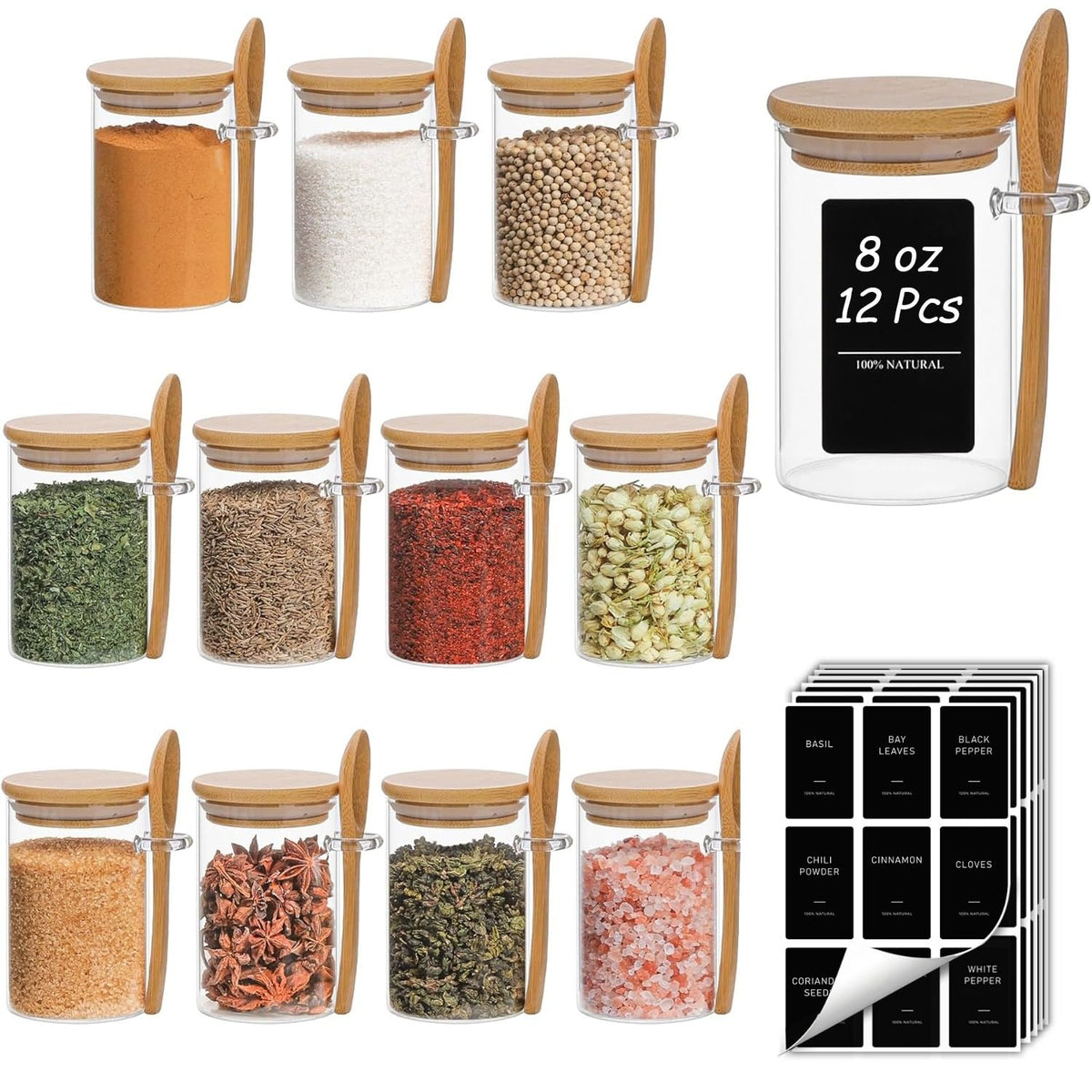 ComSaf glass spice jars set with 8oz capacity and bamboo lids for fresh storage