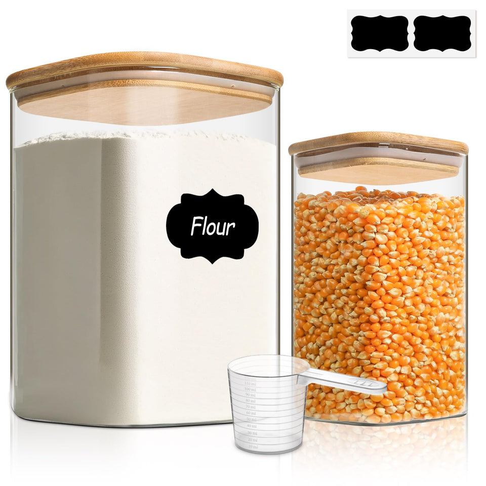 ComSaf glass storage jar large square 3.6 qt with bamboo lid, ideal pantry staple storage.
