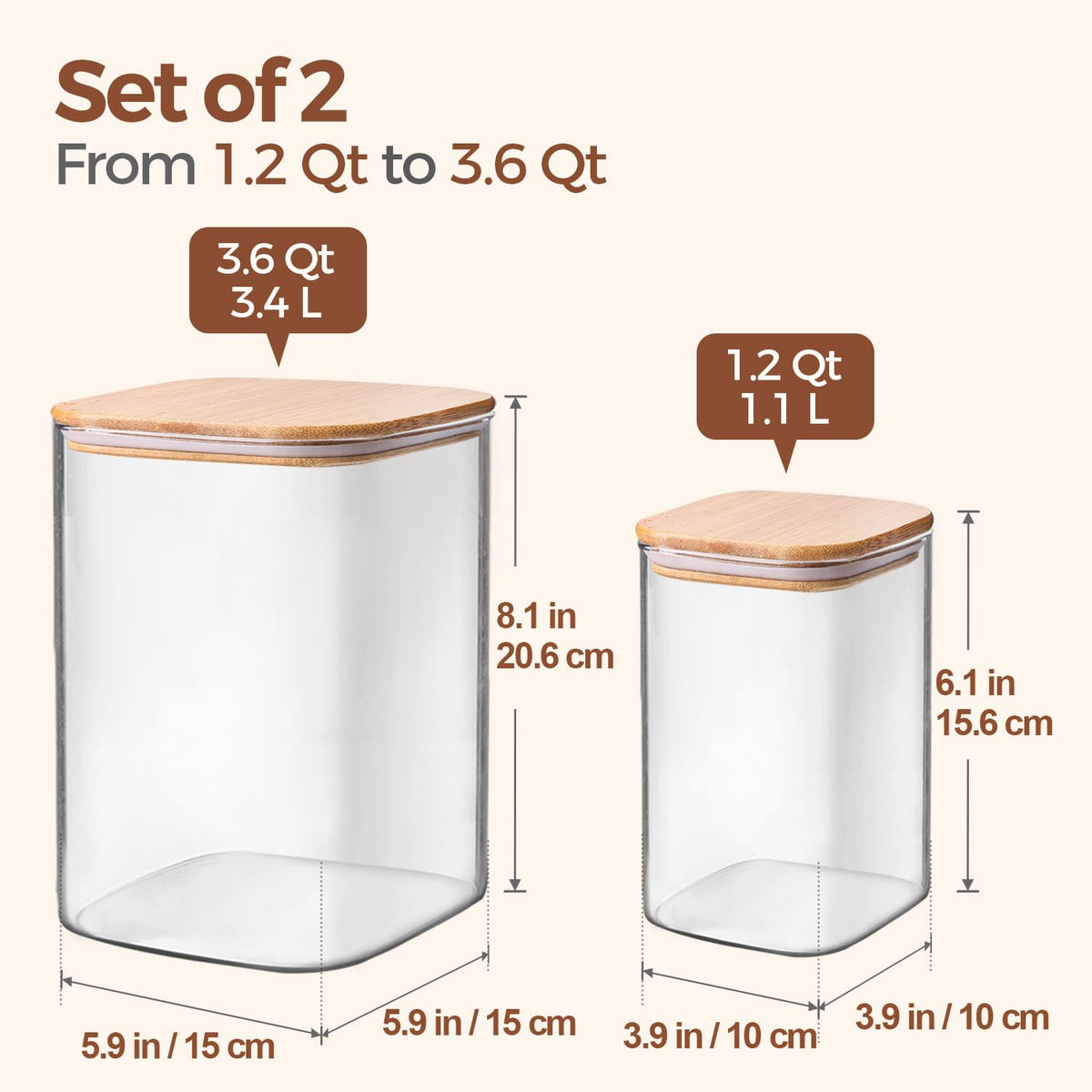 ComSaf glass storage jar small square 1.2 qt with bamboo lid for baking essentials.