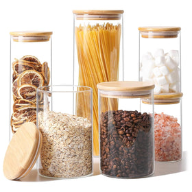 ComSaf six-piece glass storage jars set for pantry organization.