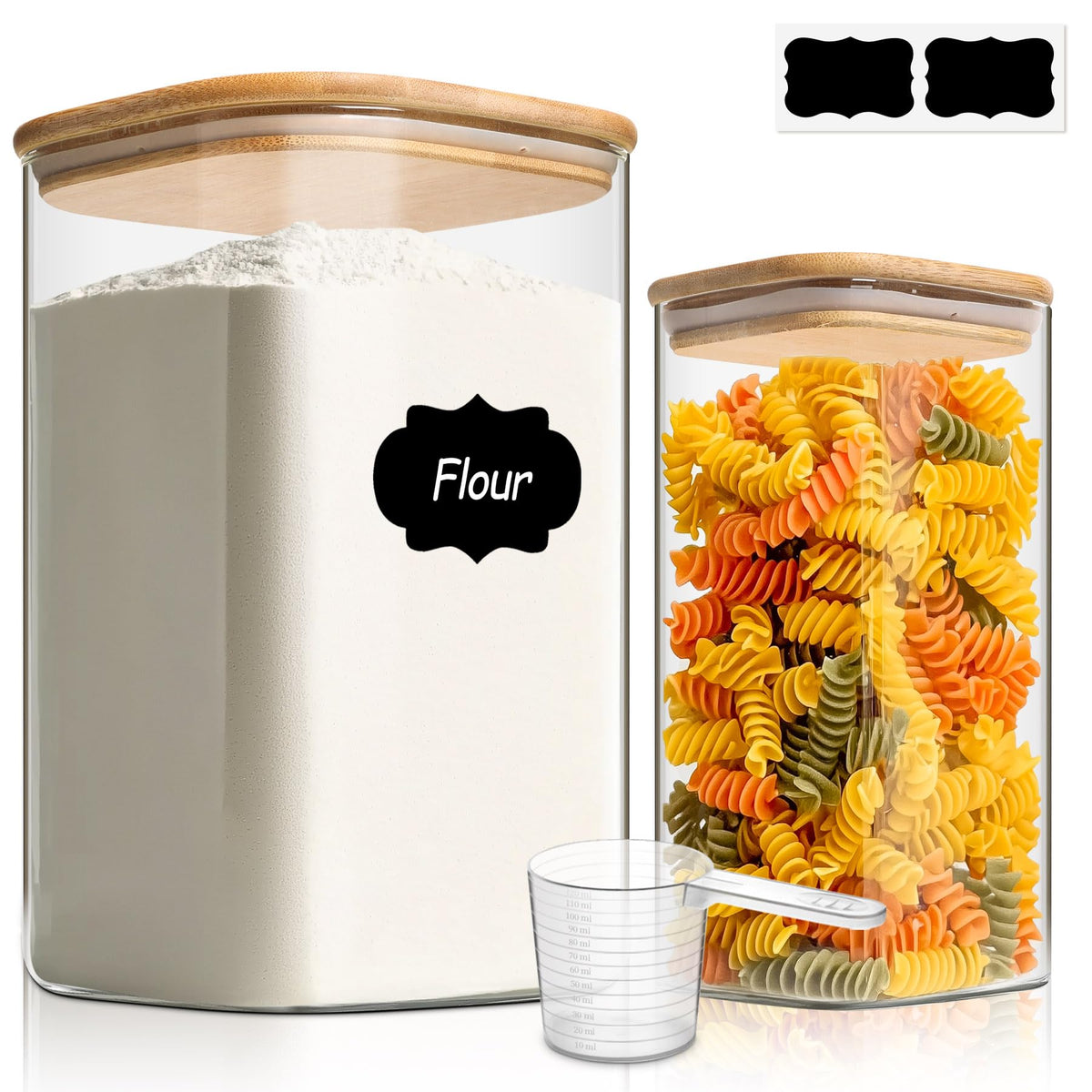 ComSaf large square glass jar with lid for flour and rice storage.
