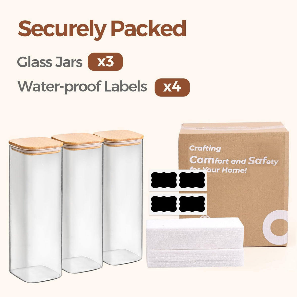 Versatile ComSaf storage jars for flour, cereal, and beans with clear visibility.