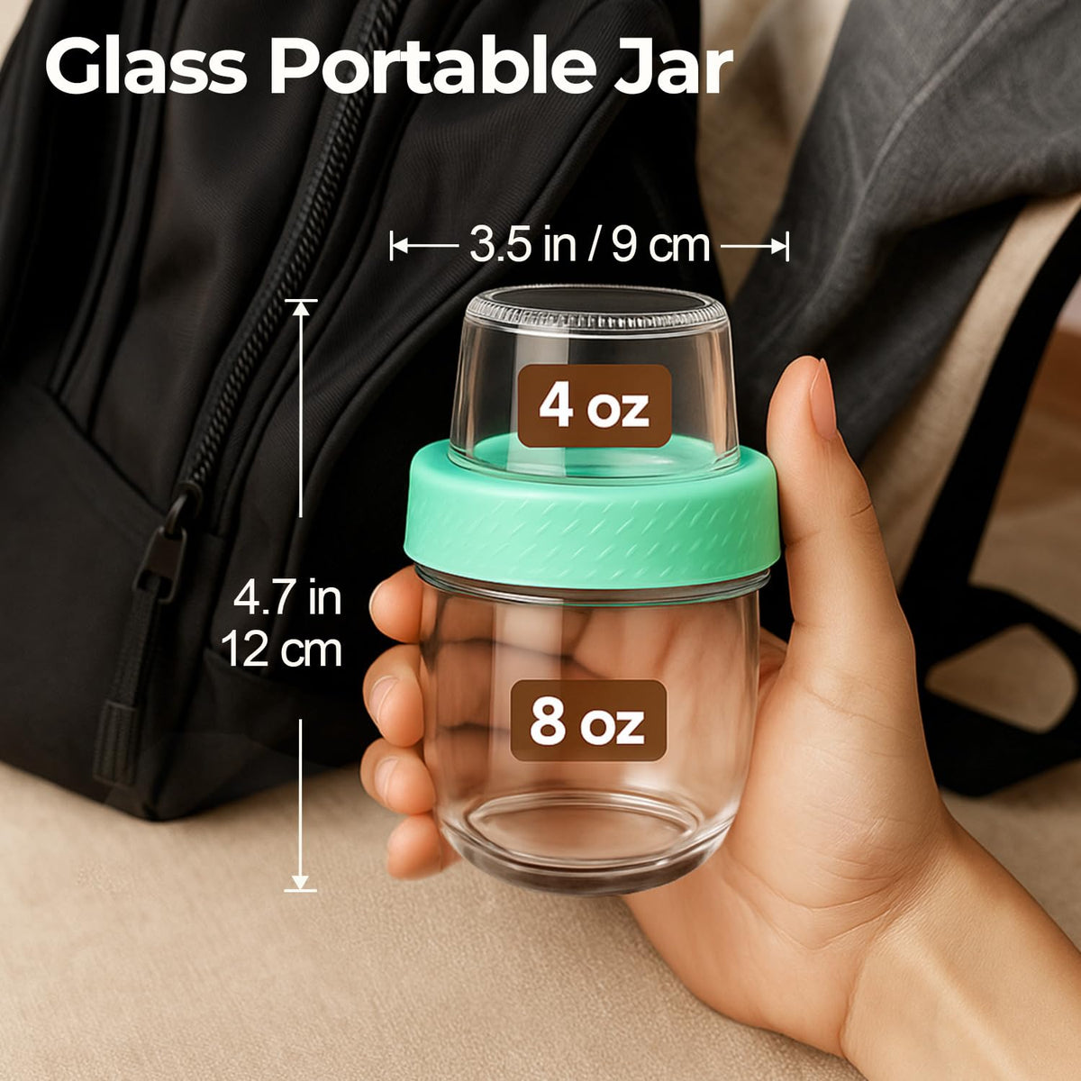 ComSaf 8oz jar showing leak-proof seal with silicone ring for on-the-go freshness.