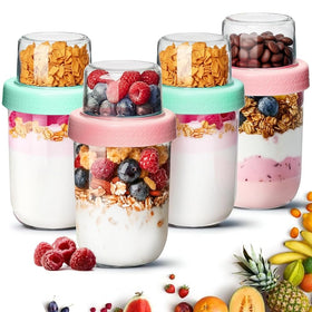 ComSaf overnight oats container 16oz set shows dual compartments for fresh toppings.