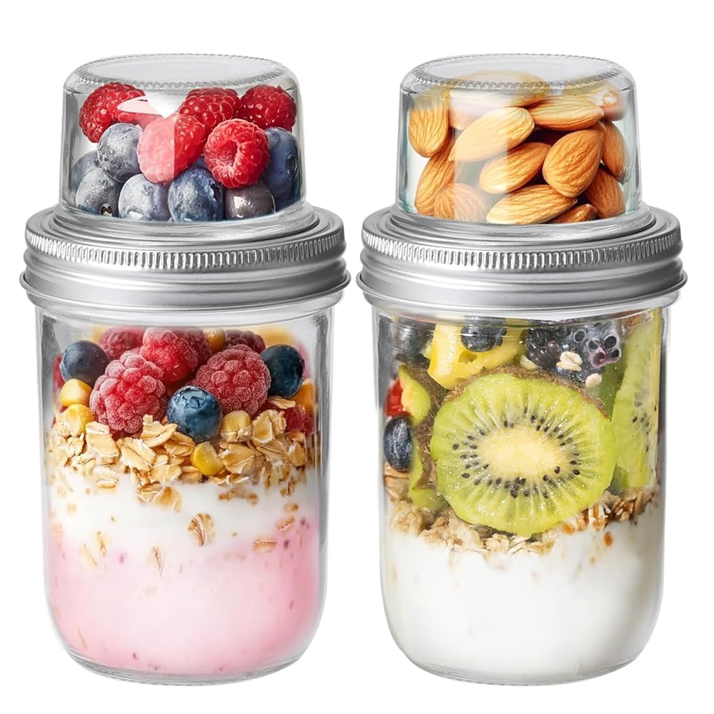 ComSaf dual-layer overnight oats jar with lids for fresh, separated ingredients.