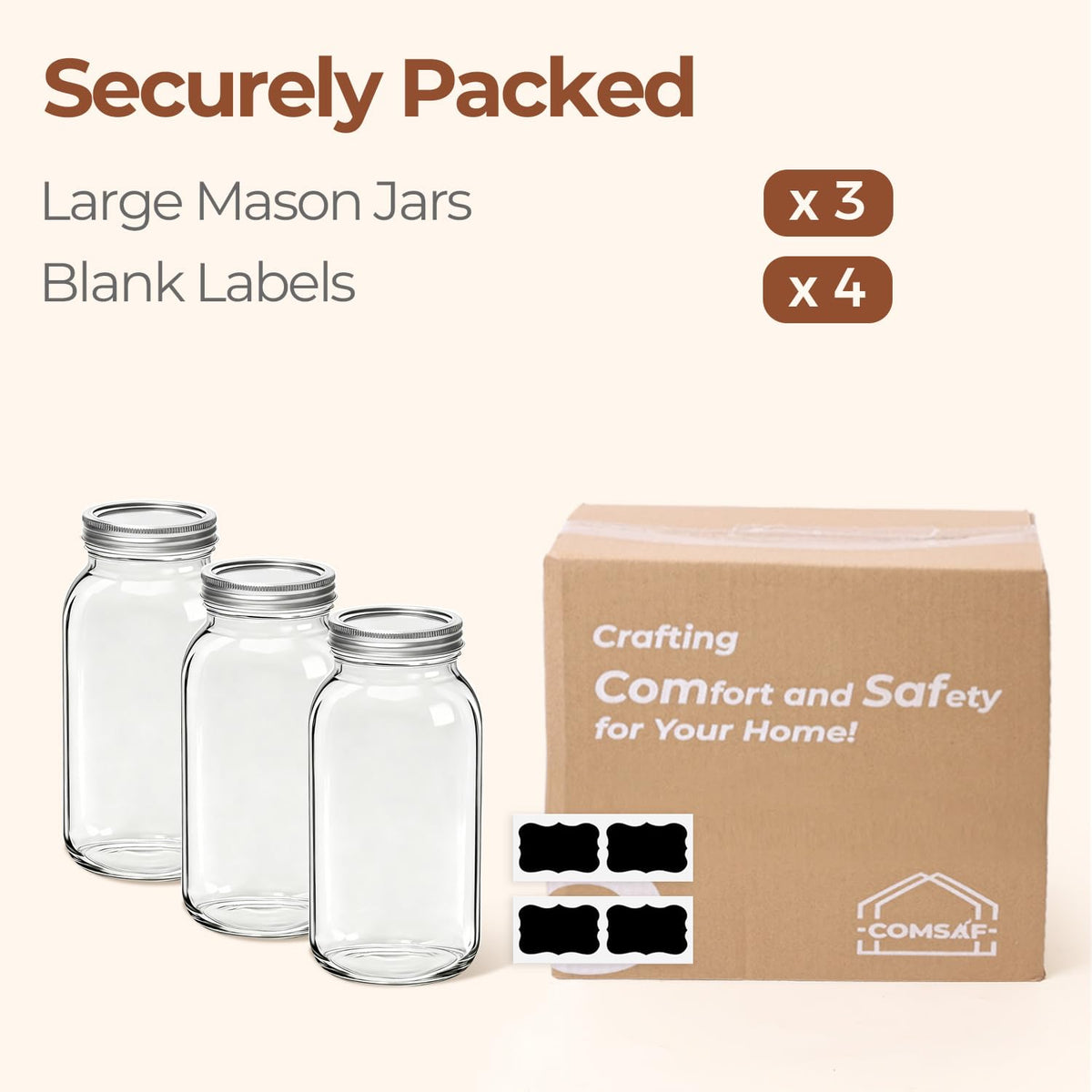 ComSaf packaging includes 3 jars and 4 labels for organization.