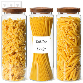 ComSaf glass pasta container with acacia lid and silicone seal keeps pasta fresh.