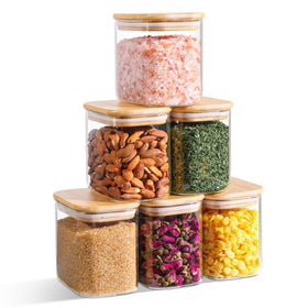 ComSaf rectangle glass storage container with bamboo lid keeps pantry items fresh and neatly organized.