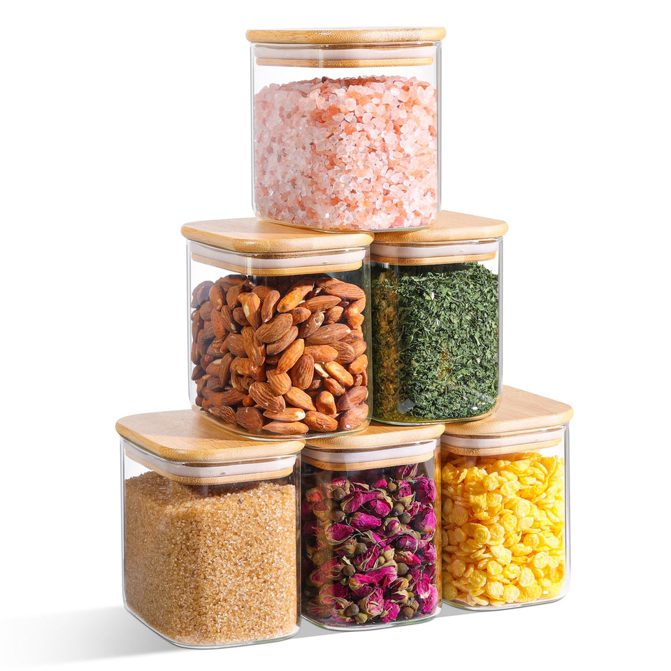 ComSaf rectangle glass storage container with bamboo lid keeps pantry items fresh and neatly organized.