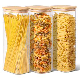 ComSaf rectangle glass storage with bamboo lid for organized pantry storage.
