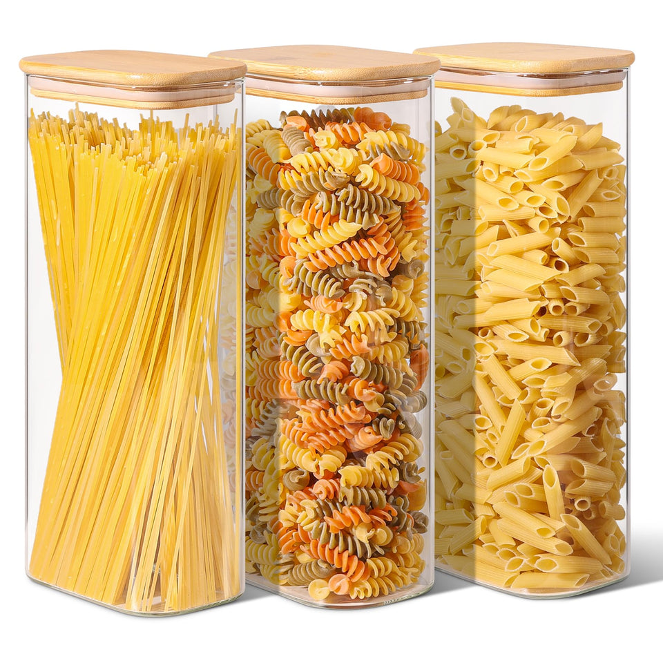 ComSaf rectangle glass storage with bamboo lid for organized pantry storage.