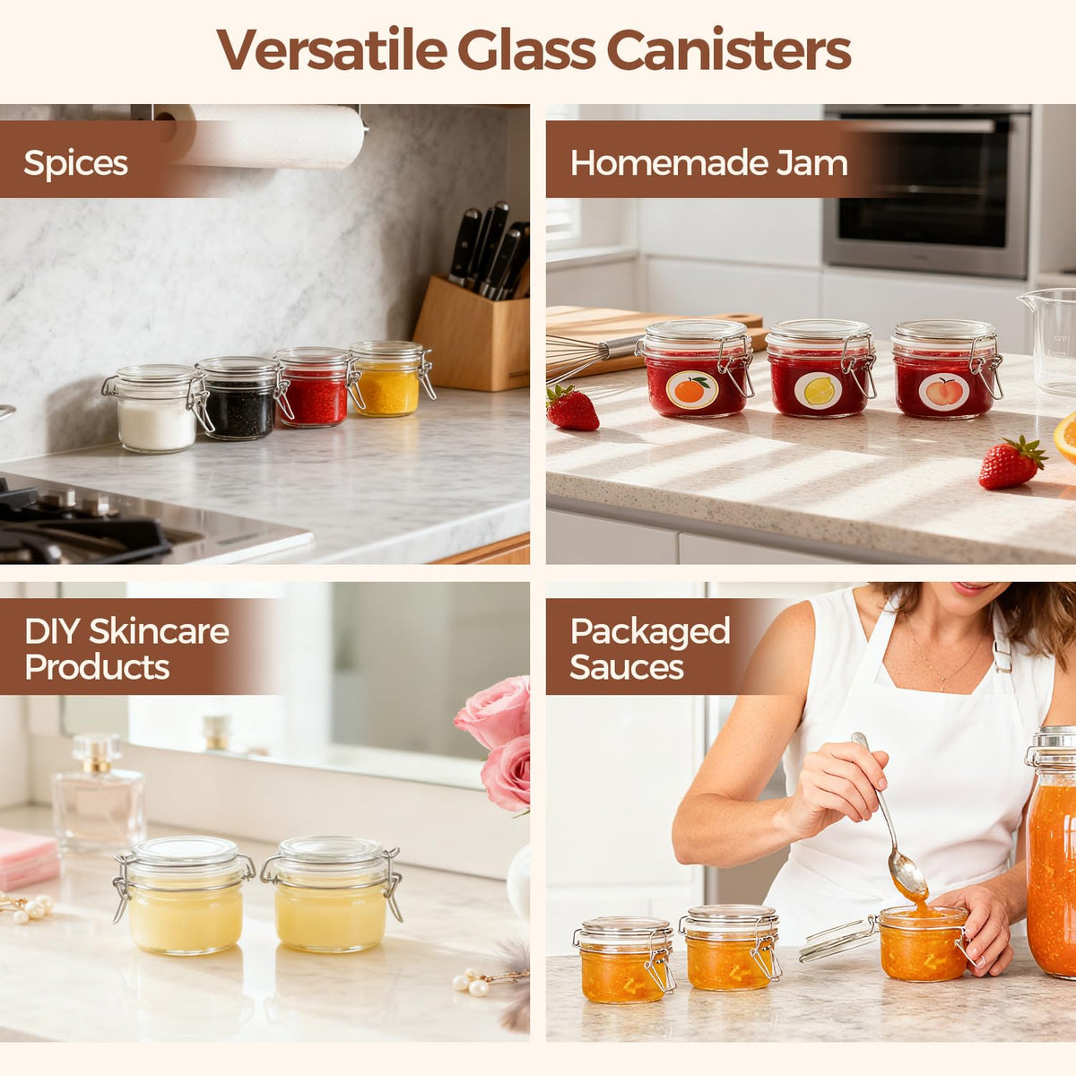 Food-grade BPA-free glass preserves quality while storing spices.