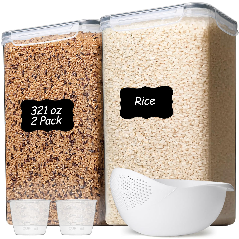 ComSaf rice container 2-pack on kitchen counter keeps bulk rice neatly organized
