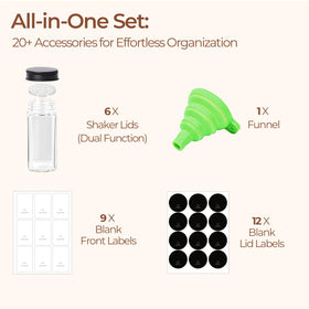 ComSaf space-saving spice jars on a shelf simplify kitchen organization and easy access.