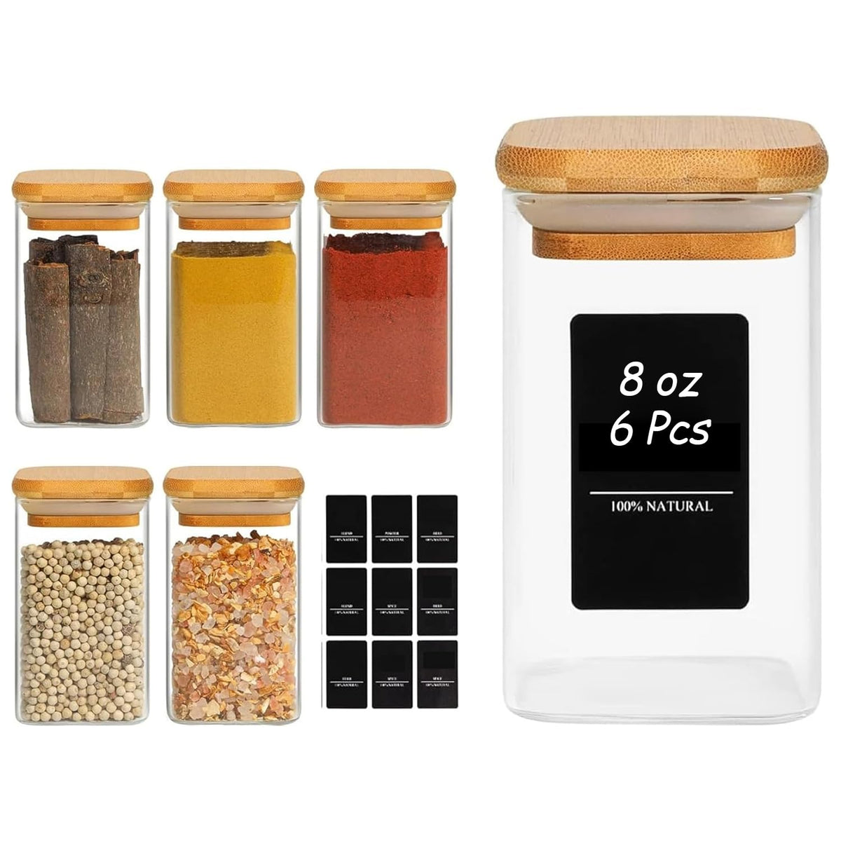 ComSaf glass spice jars with labels for quick spice identification.