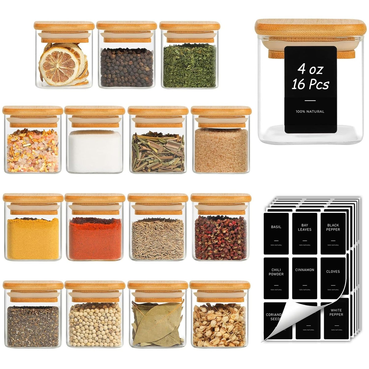 ComSaf spice jars with labels and bamboo lids in a tidy pantry for quick access.