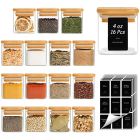 ComSaf spice jars with labels and bamboo lids in a tidy pantry for quick access.