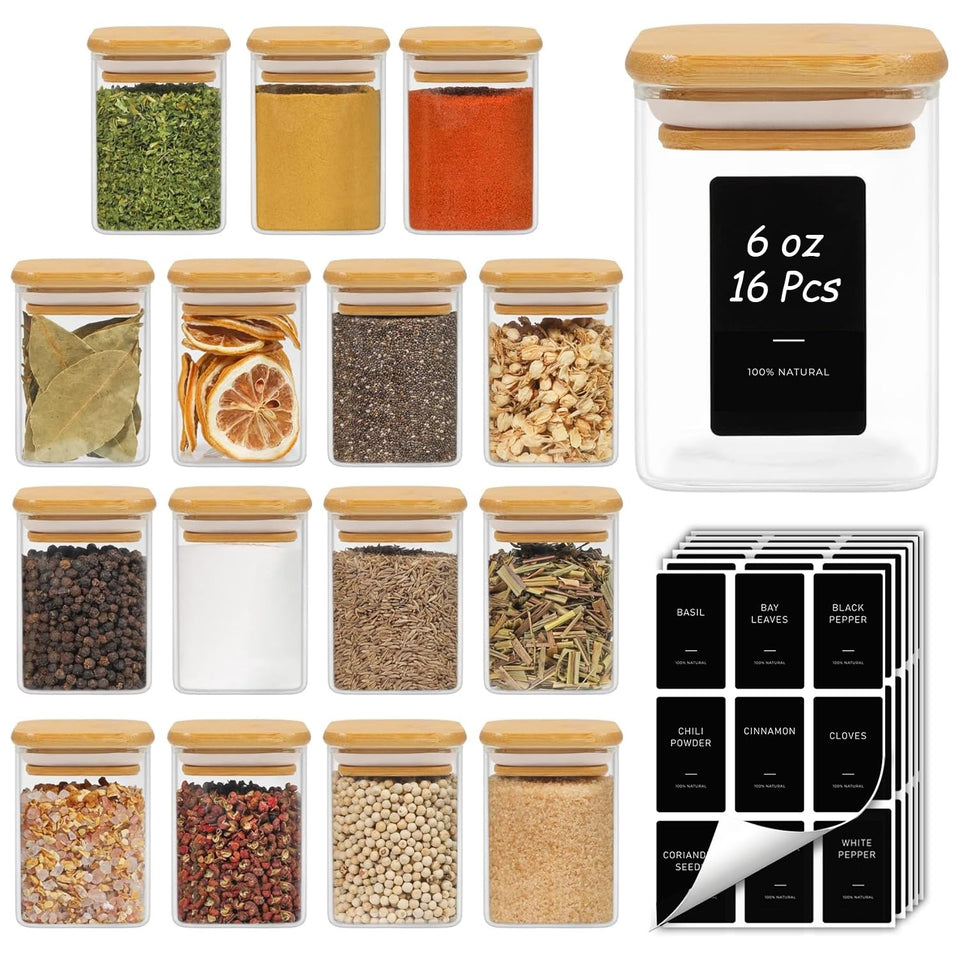 ComSaf spice jars with labels on a clean countertop for easy access