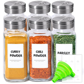 ComSaf spice jars with adjustable shaker lids showing three opening sizes for precise seasoning