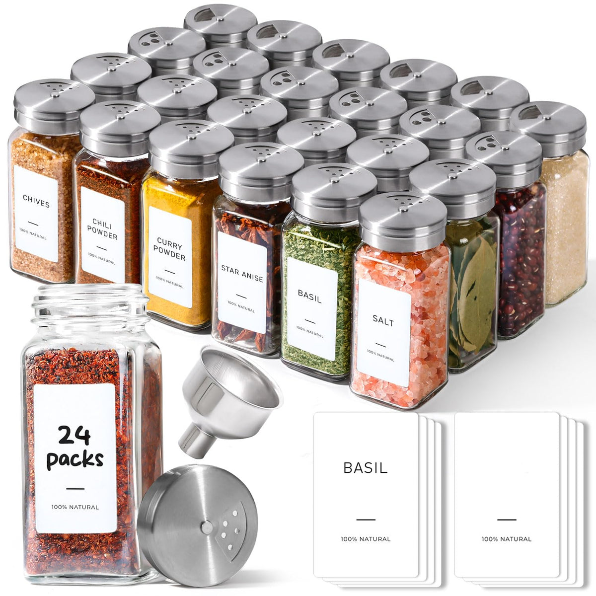 ComSaf spice jars with shaker lids neatly arranged for organized seasoning.
