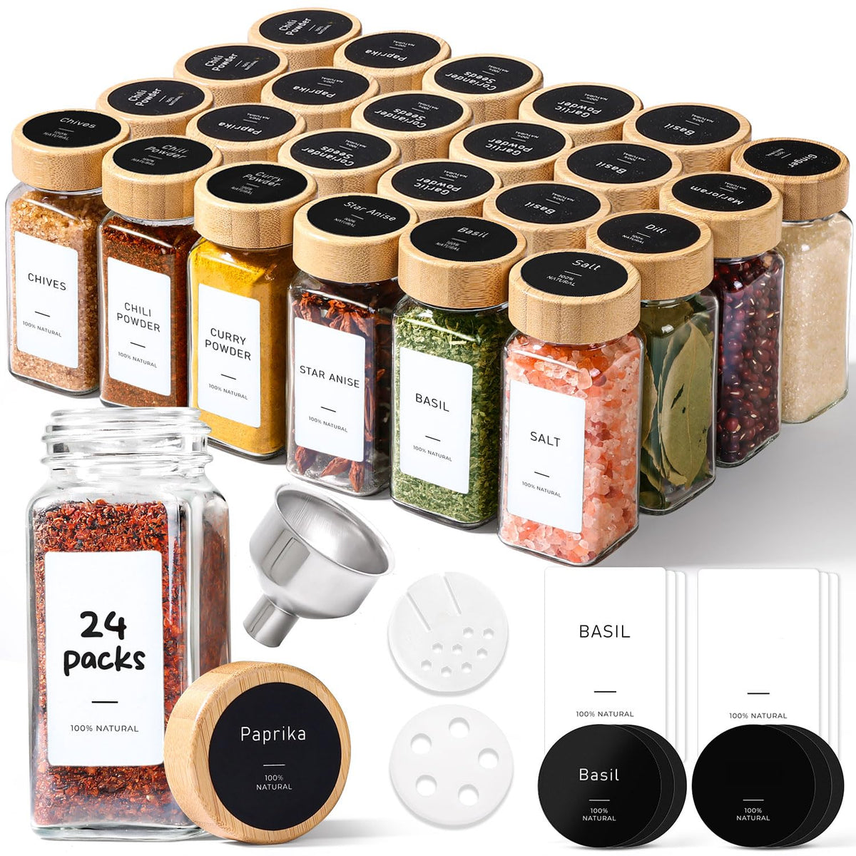 ComSaf square glass spice jars with bamboo lids for a tidy, accessible pantry.