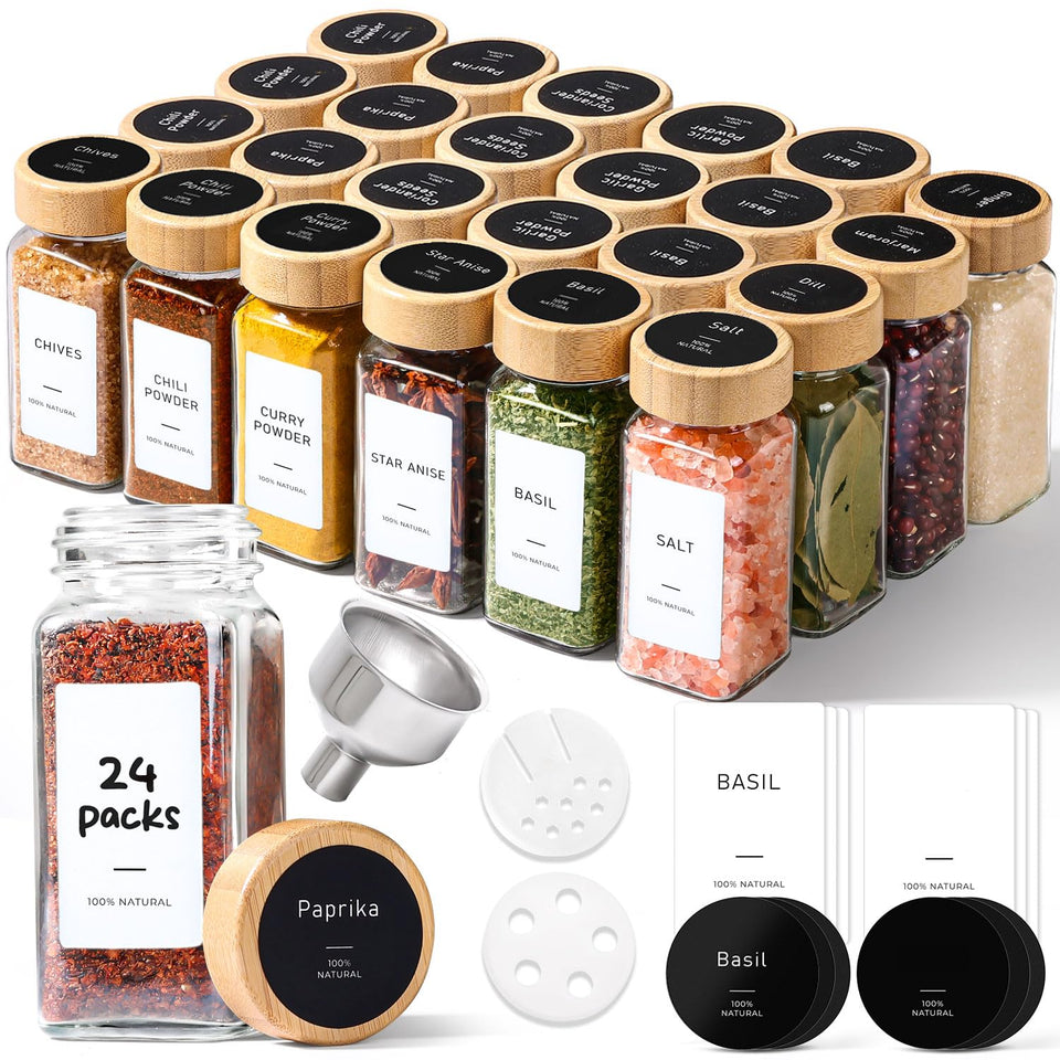 ComSaf square glass spice jars with bamboo lids for a tidy, accessible pantry.