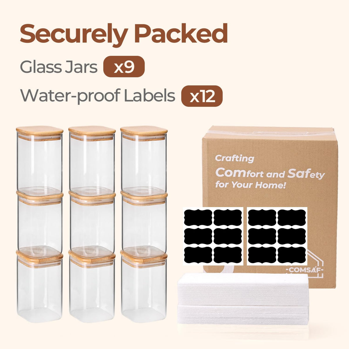 ComSaf square jars organize tea, sugar, and spices with elegant clarity.