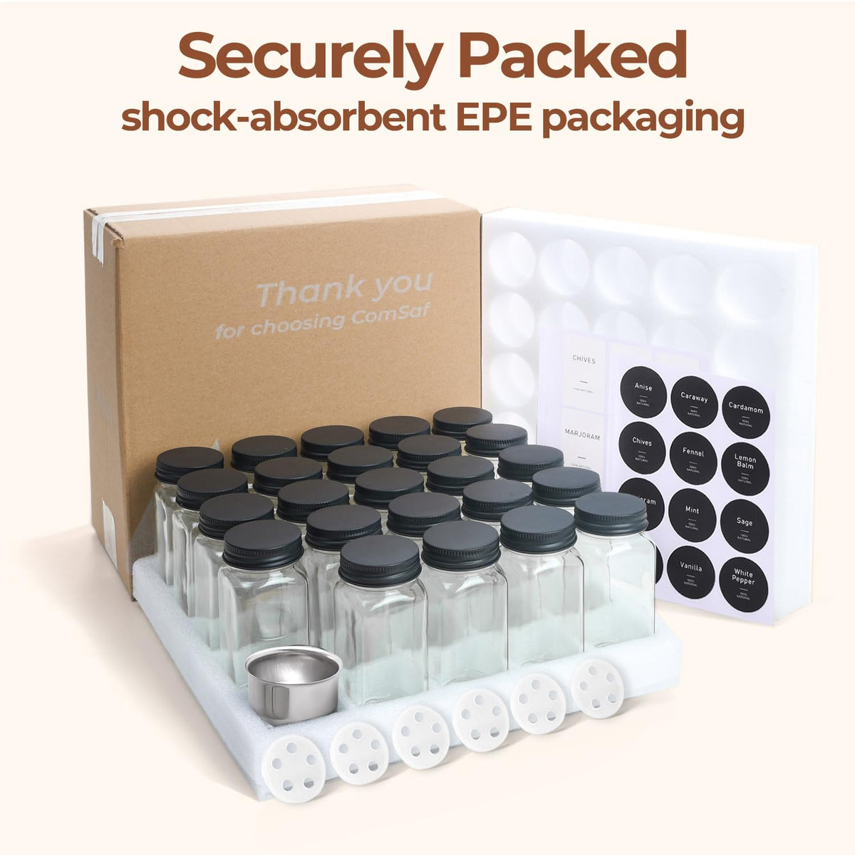 ComSaf square glass spice bottles maximize storage.