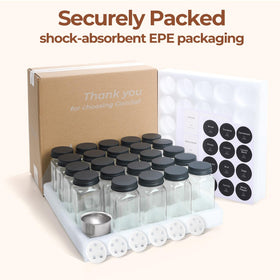 ComSaf square glass spice bottles maximize storage.