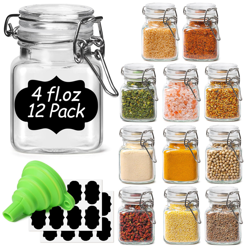 ComSaf square glass spice jar with wire clamp showing airtight storage for spices