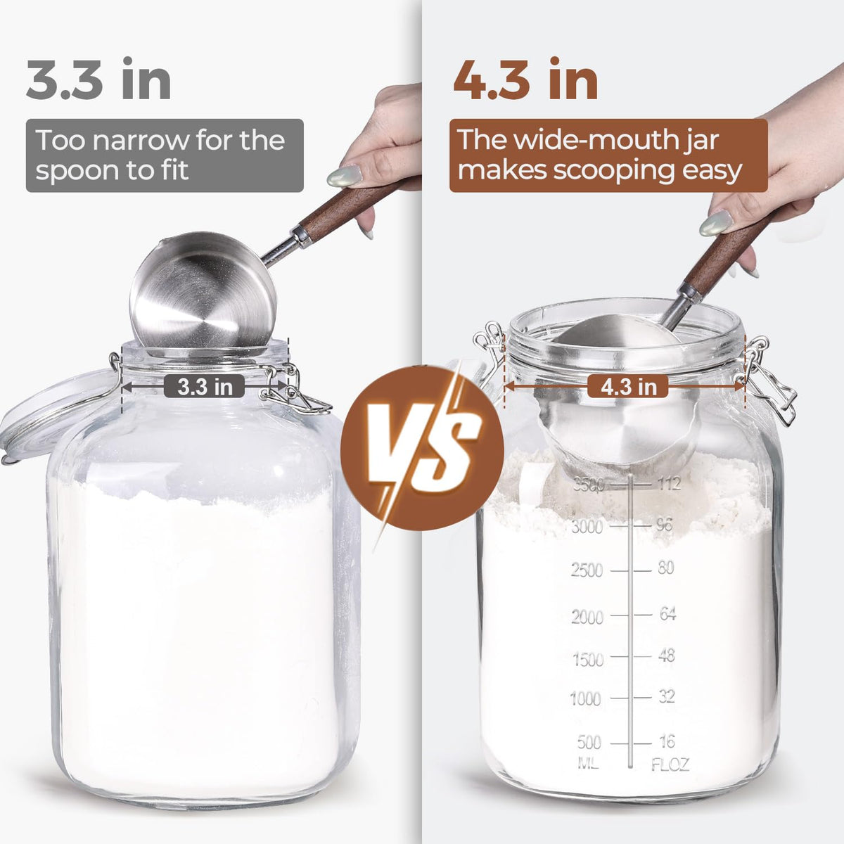 ComSaf square jar with side measurement marks for precise portioning.