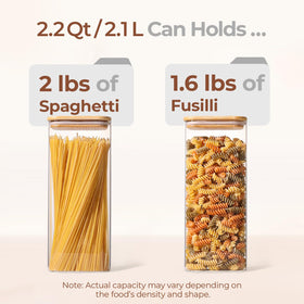 ComSaf tall pasta container in rectangle glass keeps spaghetti neatly stored.