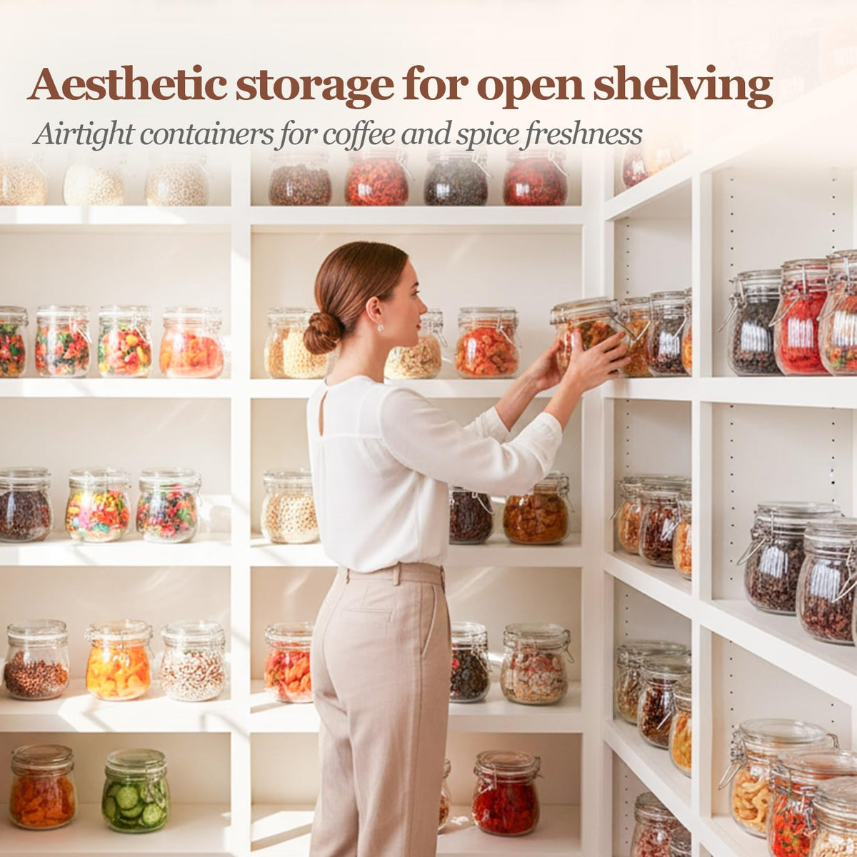 Wide-mouth glass canisters by ComSaf with clamp lids for easy filling and access.