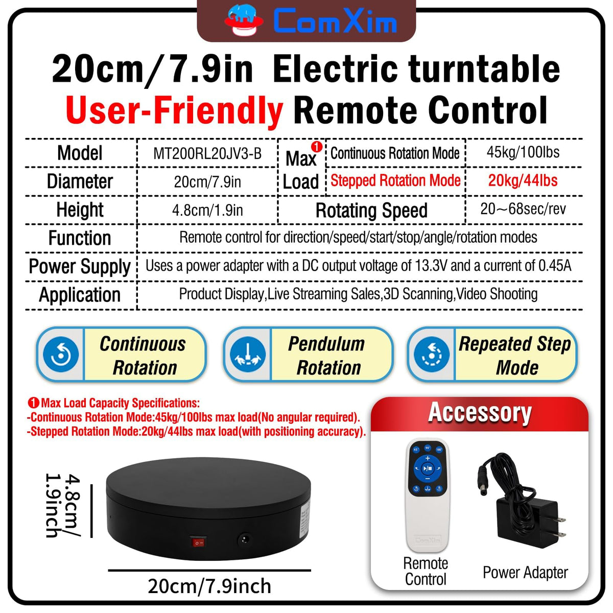 ComXim 20cm diameter turntable supports compact product displays with stable rotation.