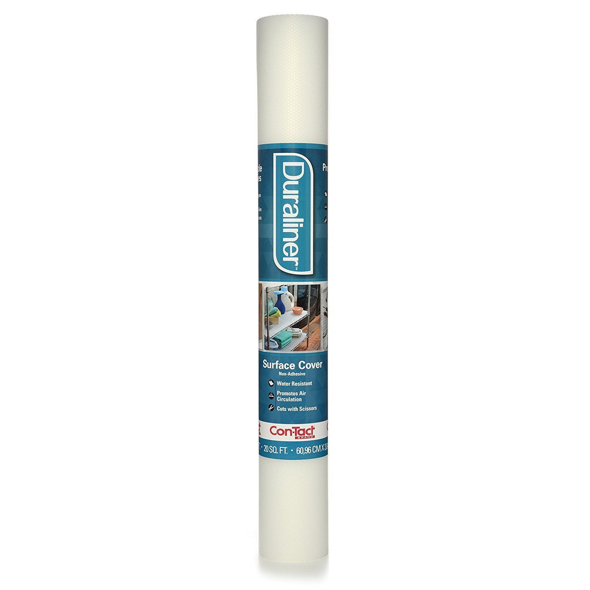 Con-Tact Duraliner drawer liner with non-adhesive backing protects surfaces and reduces shifting.