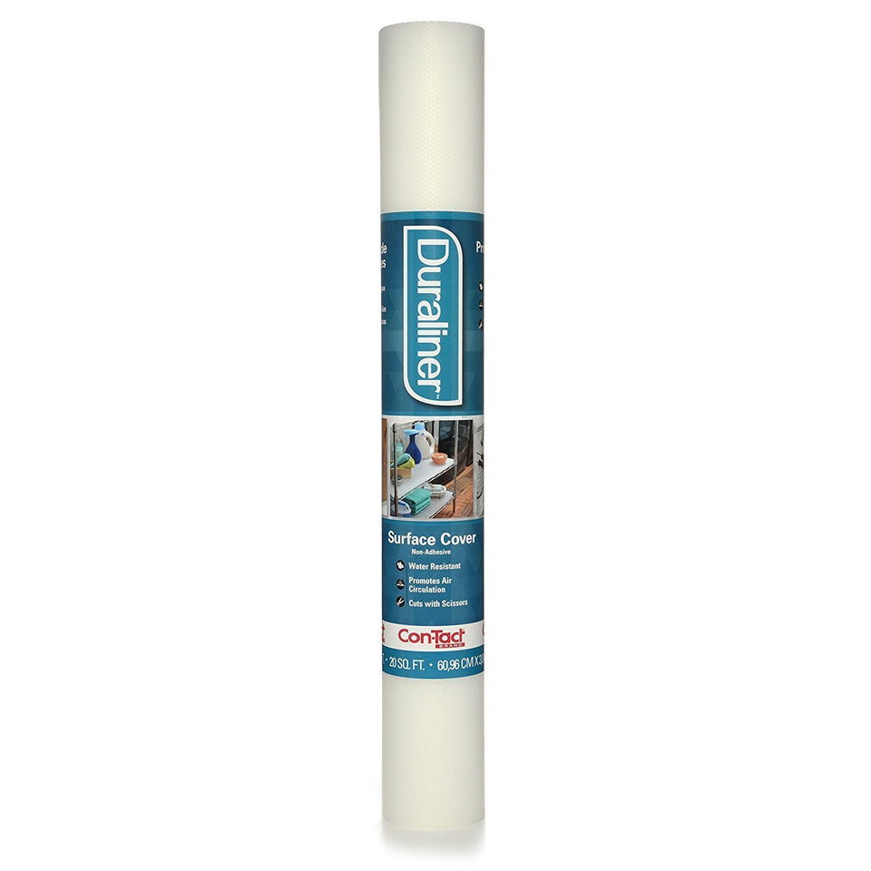 Con-Tact Duraliner drawer liner with non-adhesive backing protects surfaces and reduces shifting.