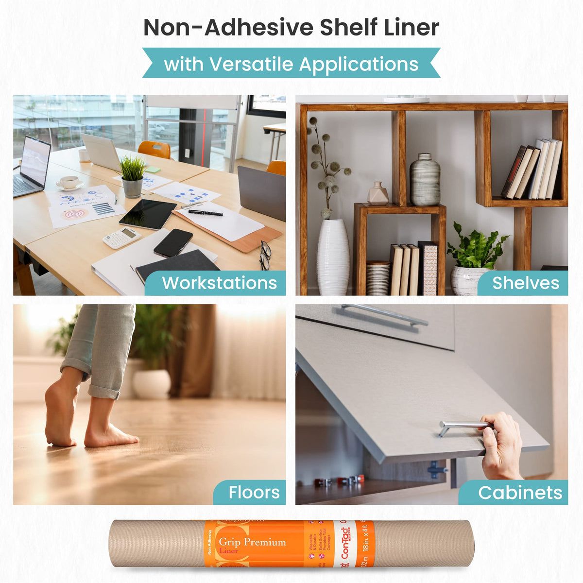 Con-Tact Grip Premium taupe cabinet shelf liner installed on a cabinet for durable protection.