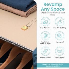 Con-Tact Grip Premium taupe pantry shelf liner on a shelf for tidy storage.