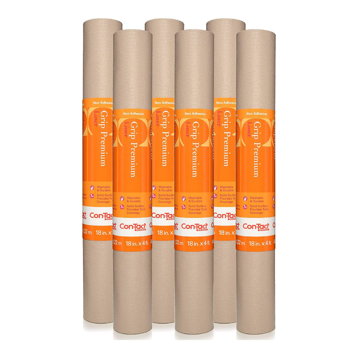 Con-Tact Grip Premium taupe shelf liner roll with non-slip grip for secure storage.