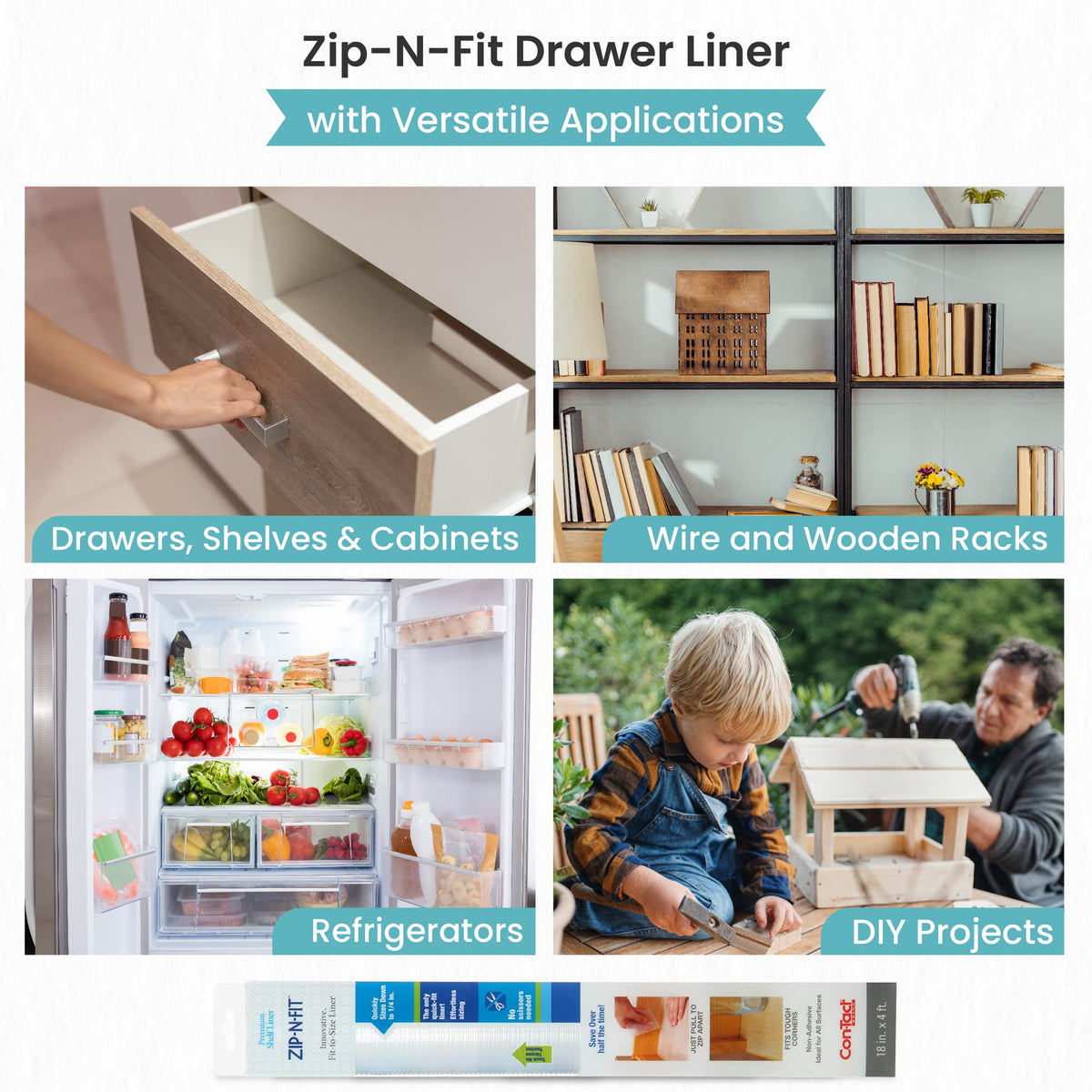 Con-Tact Zip-N-Fit multi-purpose liner protects surfaces in kitchen, office, and fridge.