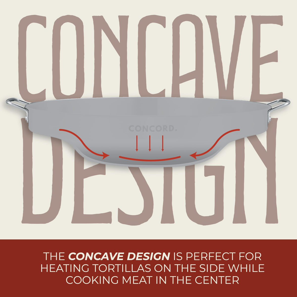 Concord comal riveted handles provide sturdy grip during cooking.