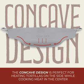 Concord comal riveted handles provide sturdy grip during cooking.