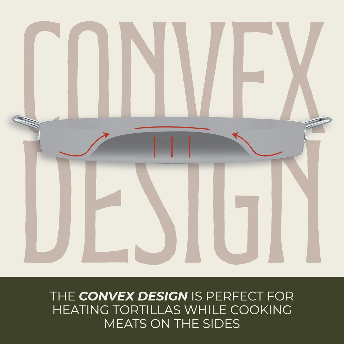 Concord convexed comal riveted handles provide a sturdy grip during transfer.