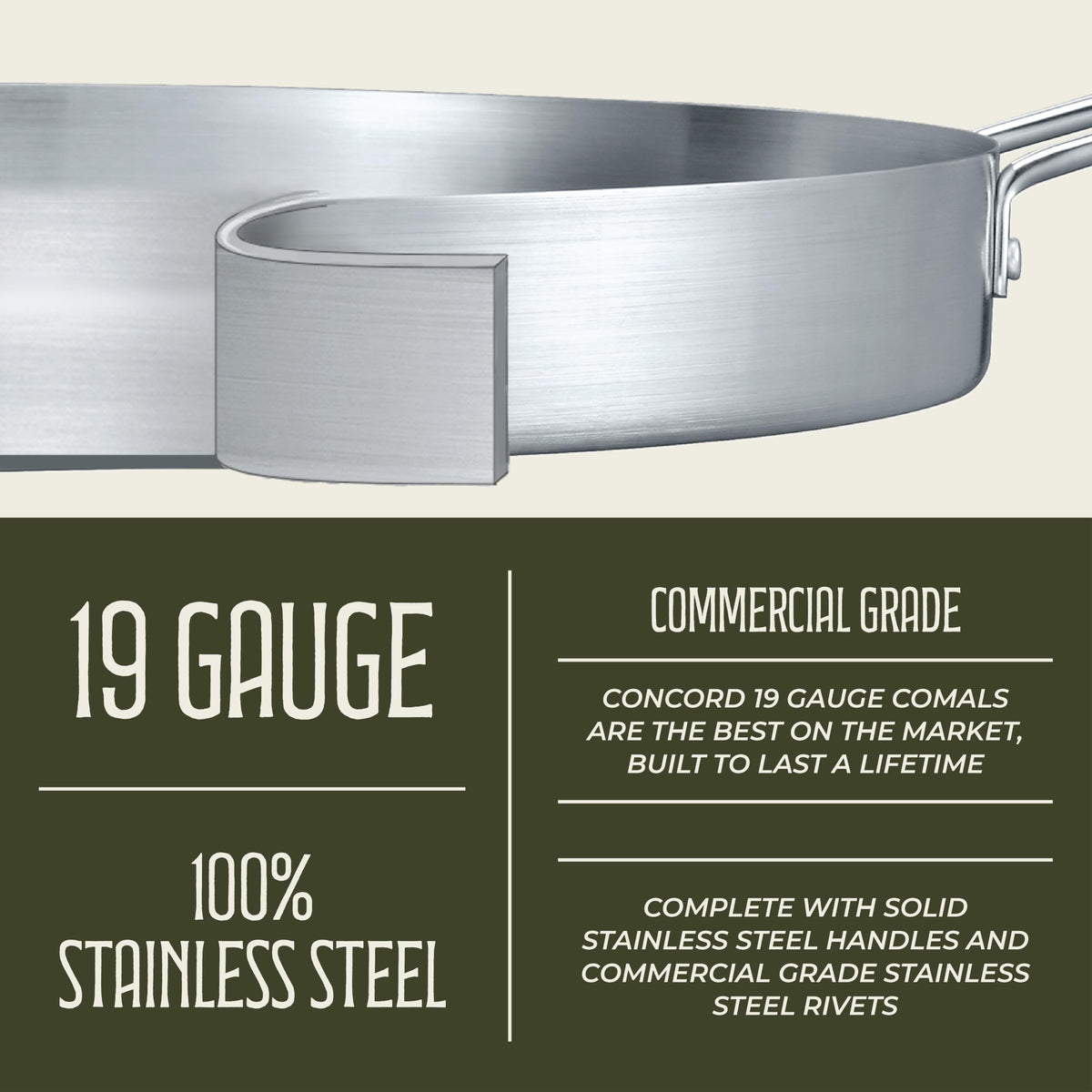 Concord convexed comal stainless steel body resists wear for long use.