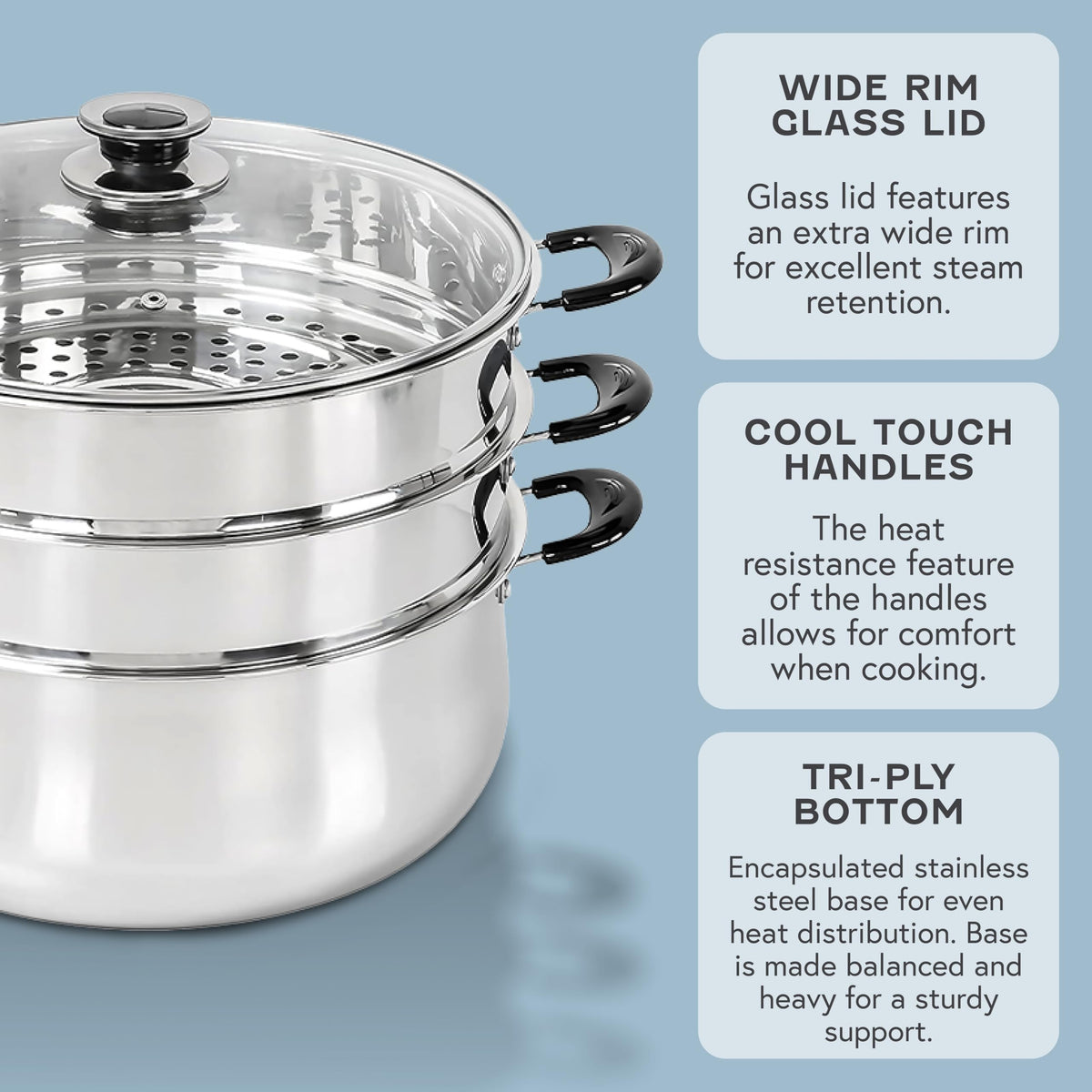 Concord steamer three-level setup for versatile pot configurations.