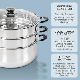 Concord steamer three-level setup for versatile pot configurations.