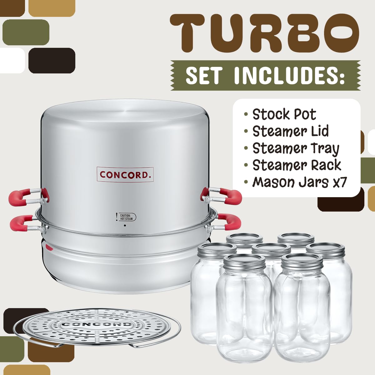 Concord Turbo Steam Canner rack and jars demonstration of secure placement.